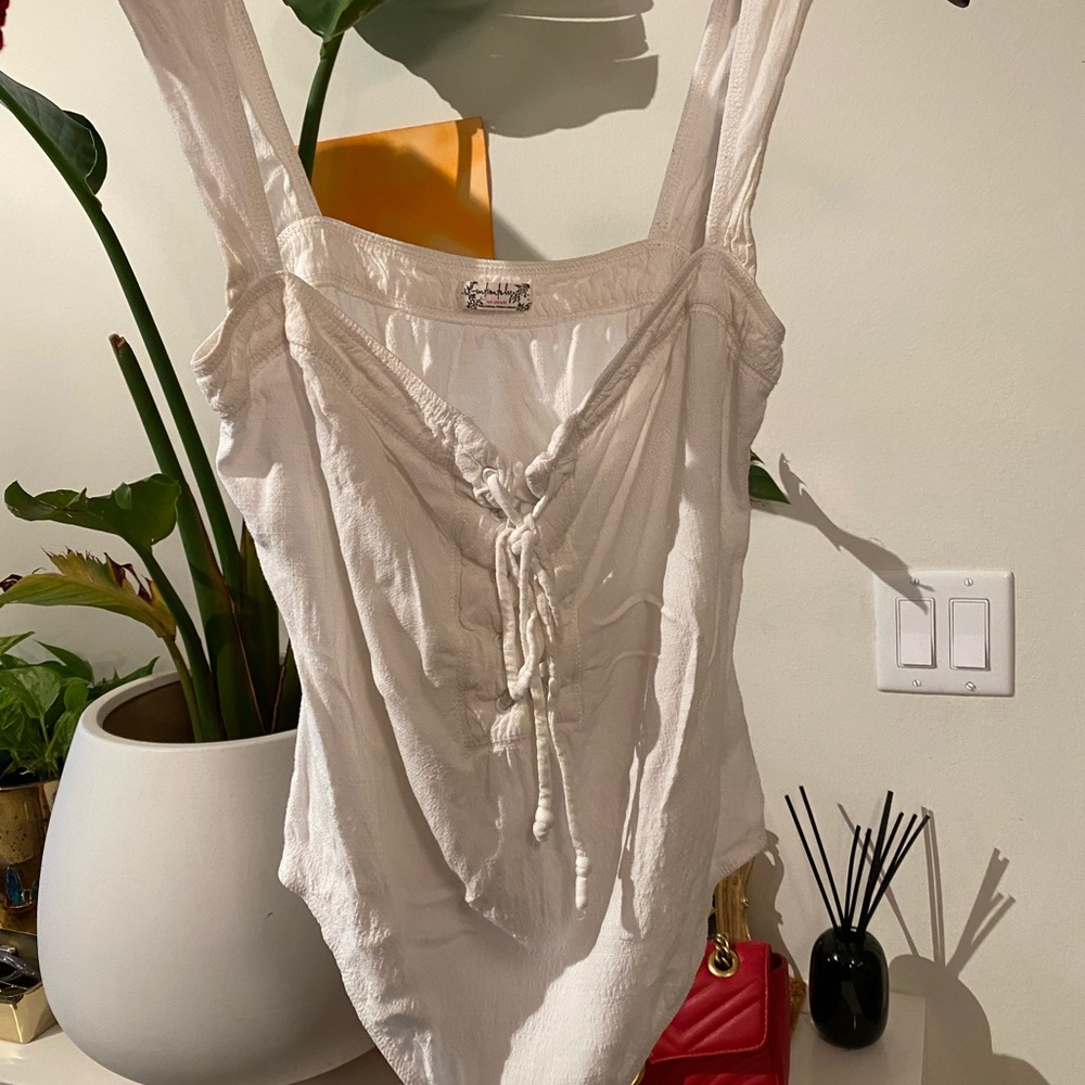 Free people lace up white square neck body suit